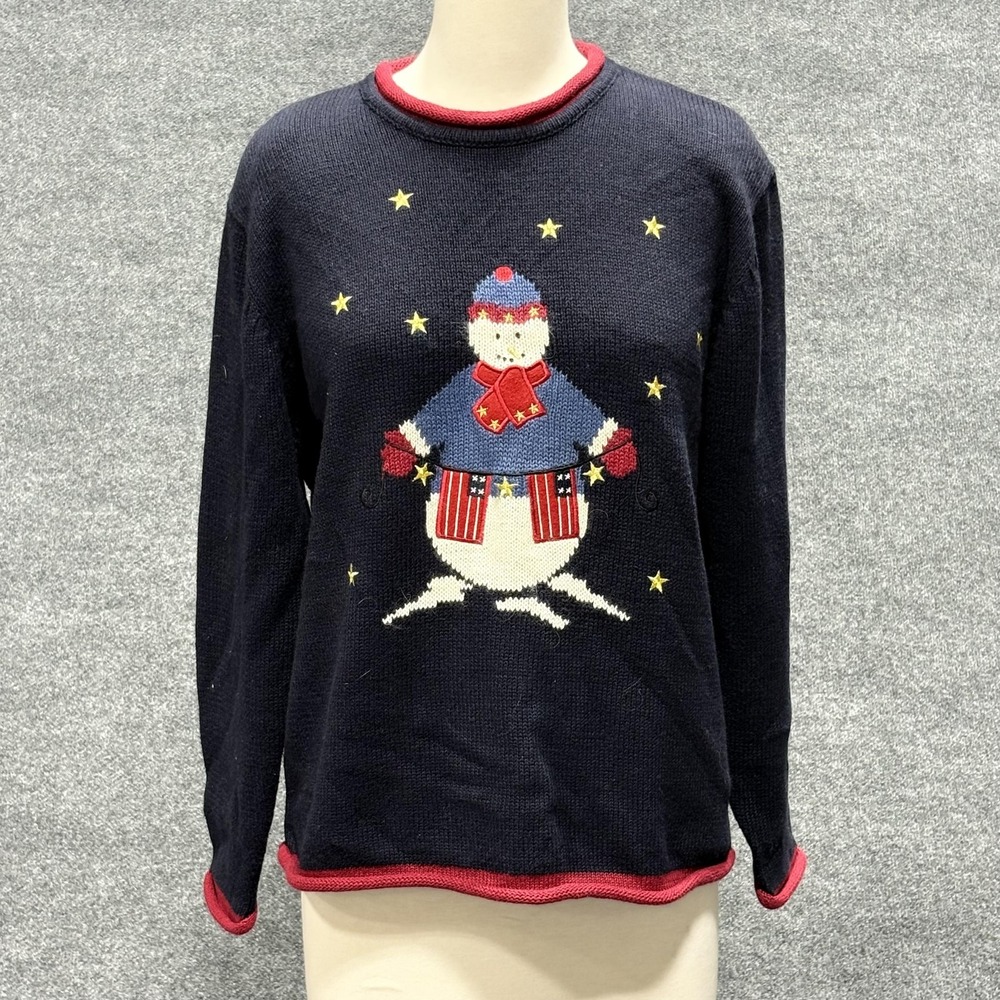 Christopher & Banks Sweater Womens Medium Navy Snowman Stars Holiday Christmas